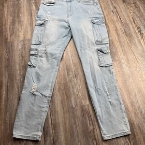 REDFOX Women's 2XL Distressed Blue Jeans Cargo Y2K